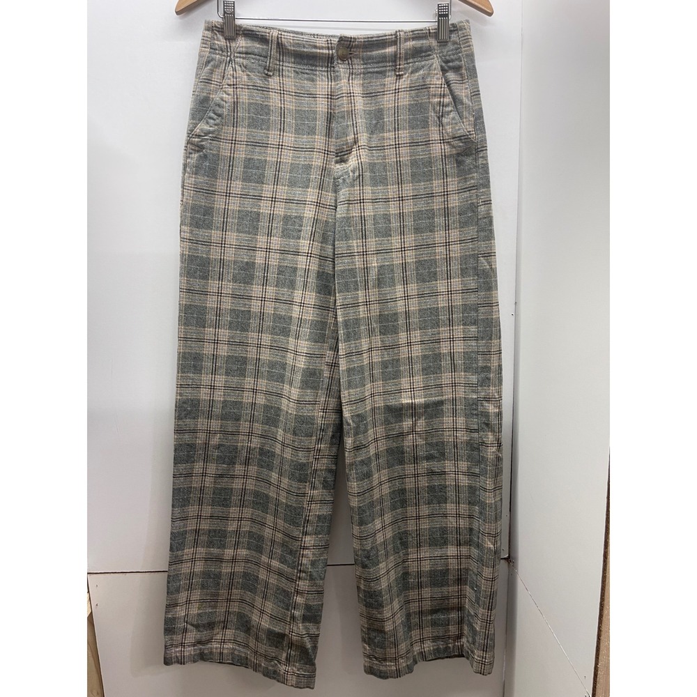 American Eagle Super High Rise Baggy Wide Leg Plaid Pants Tan Blue Size 4 Reg